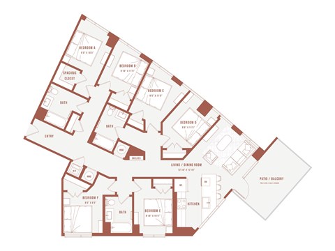 Floor plan for 6 beds, 3 baths, 288 sqft